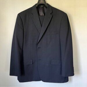 Haggar Dark Gray Stripe 2 Piece Suit Jacket 46R Pleat Front Cuff Trousers 40x30